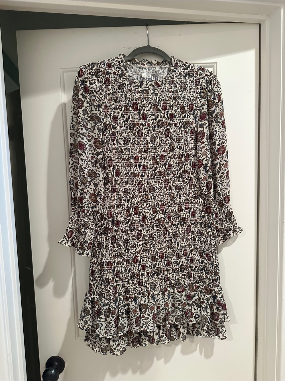 Veronica Beard Smocked Floral Long-Sleeve Mini Dress in Cream and Burgundy